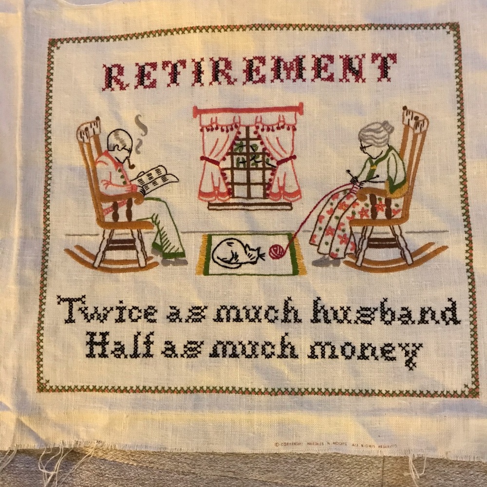 Retirement handmade cross stitch “funny”